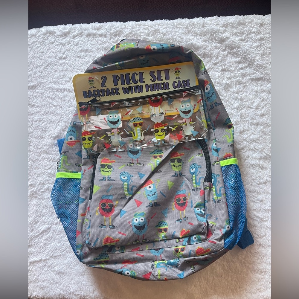 NWT 2 piece set backpack & pencil case Cute Monsters & Shapes Cartoon Character